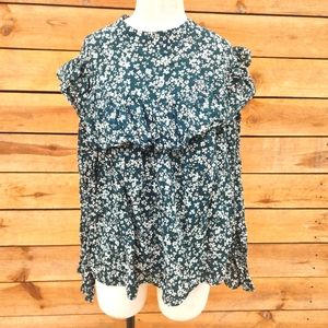 A.N.A. Peasant Top 0X Ruffle High Neck Floral Cotton Pullover Green Cott…